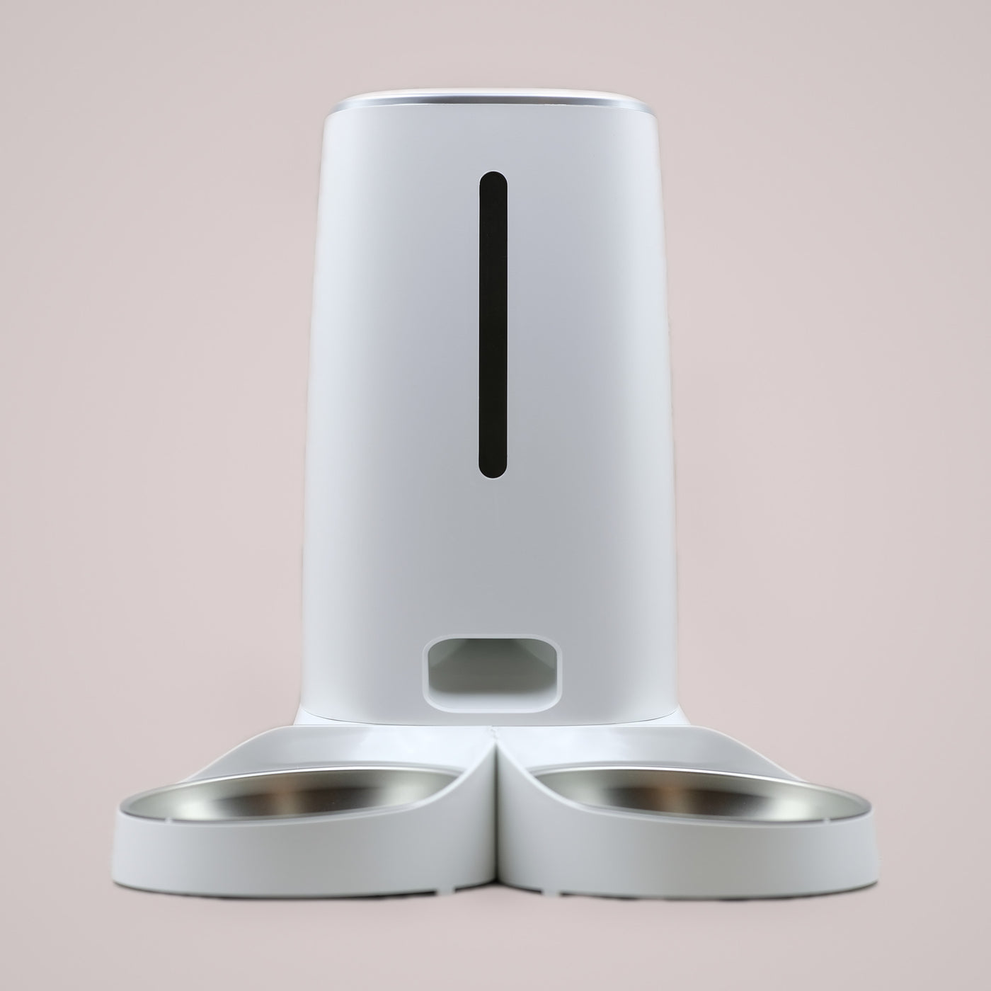 Holmere automatic cat feeder — straight-on front, 4 litre hopper over twin stainless bowls